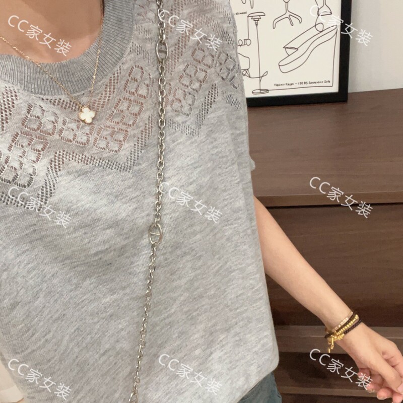 [Square Crochet Gray Short-Sleeve Crew Neck] Crew Neck Loose-Fitting Versatile Fashionable Stylish Knit Top