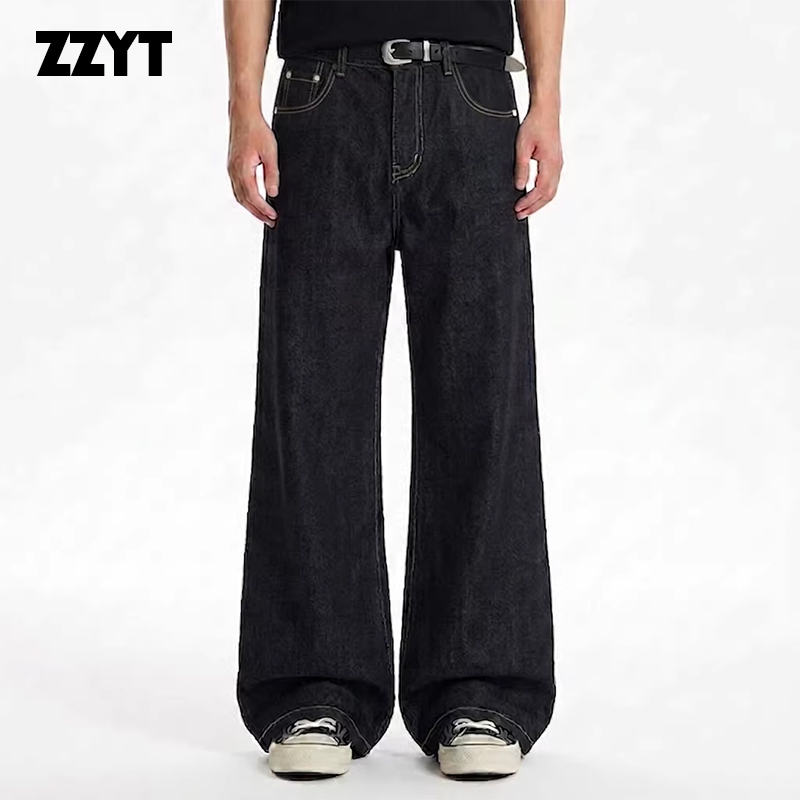Zzyt Black Retro Vintage Loose Straight A-Line Jeans Men's Old Money Style Long Pants