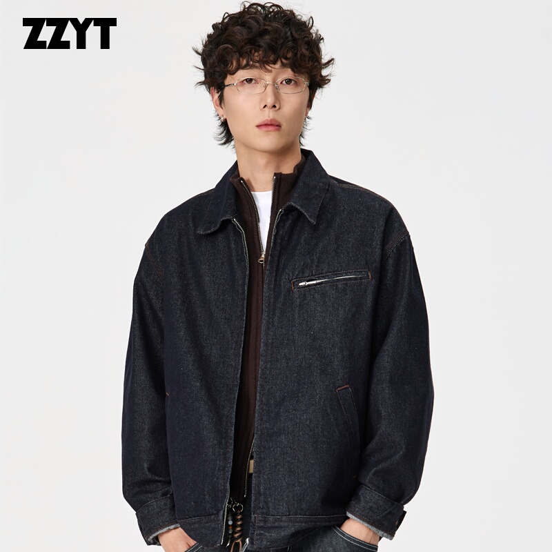 Zzyt American Retro Lapel Denim Jacket for Men, Loose Workwear Style Trendy Jacket, Dark Blue