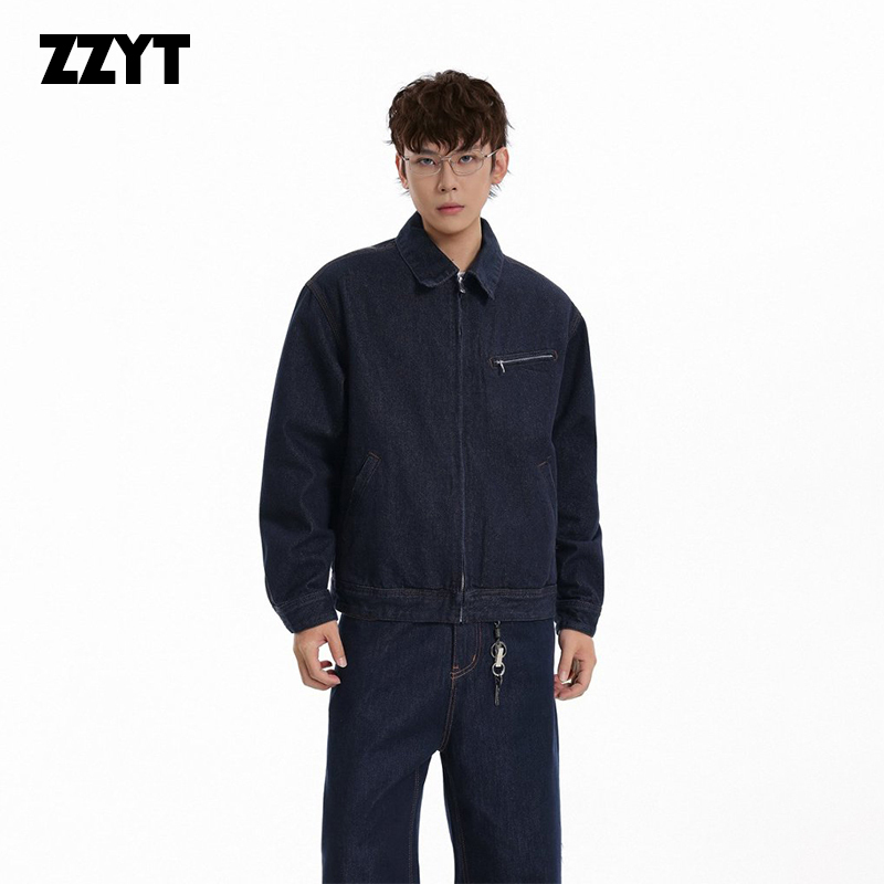 Zzyt American Retro Lapel Denim Jacket for Men, Loose Workwear Style Trendy Jacket, Dark Blue