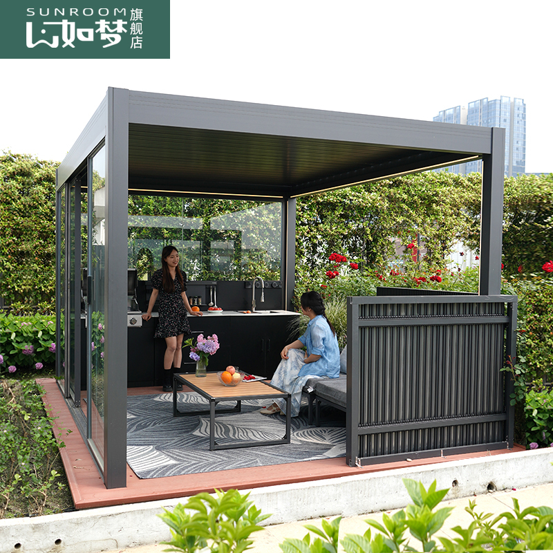Shanruimeng Electric Retractable Outdoor Gazebo Courtyard Aluminum Alloy Louvered Electric Villa Outdoor Sunshade Sunroom