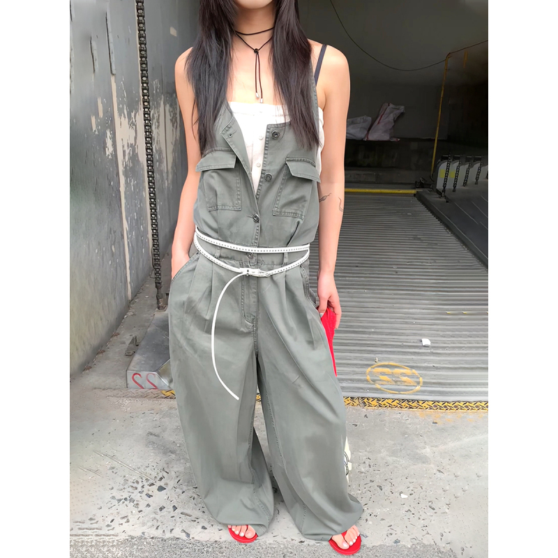 Korean Style Summer New Salt-Cool Workwear Overalls with Multi-Pocket Design, Wide-Leg Fit, Slimming and Versatile Jumpsuit