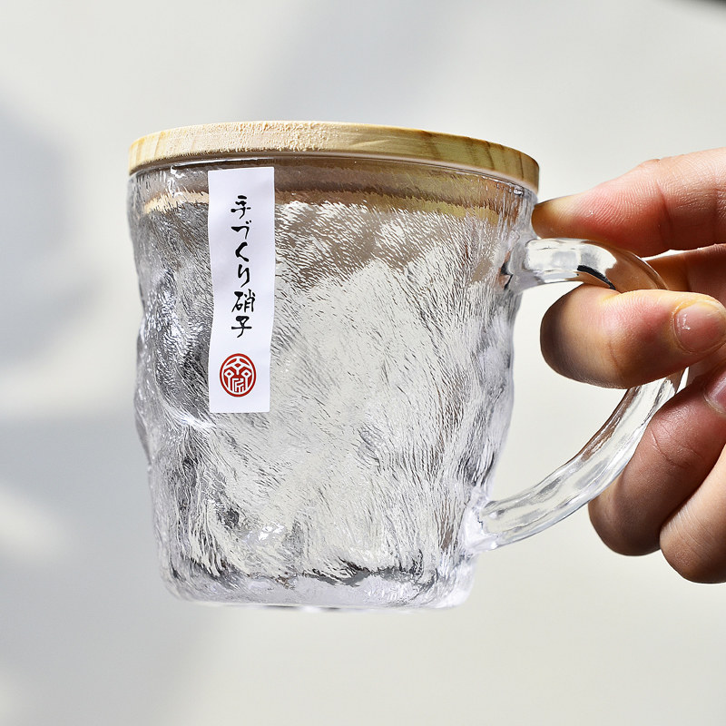 Japanese-Style Glacier Glass Water Cup with Handle for Girls, Home Use, Stylish and Beautiful Beverage Beer Cup with Portable Lid
