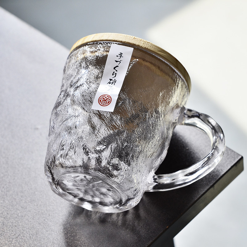 Japanese-Style Glacier Glass Water Cup with Handle for Girls, Home Use, Stylish and Beautiful Beverage Beer Cup with Portable Lid