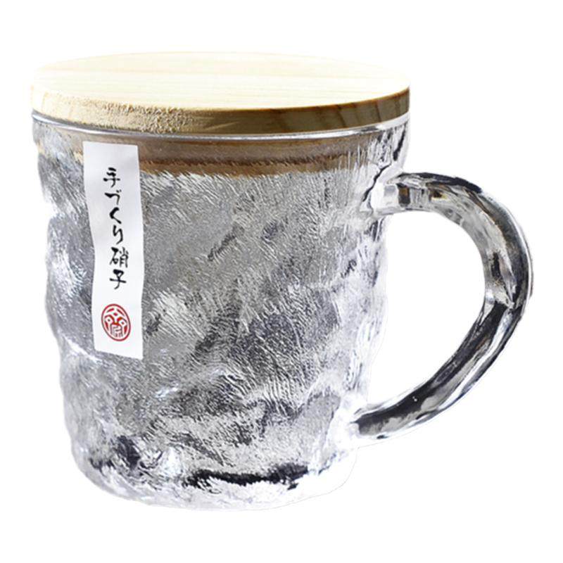 Japanese-Style Glacier Glass Water Cup with Handle for Girls, Home Use, Stylish and Beautiful Beverage Beer Cup with Portable Lid