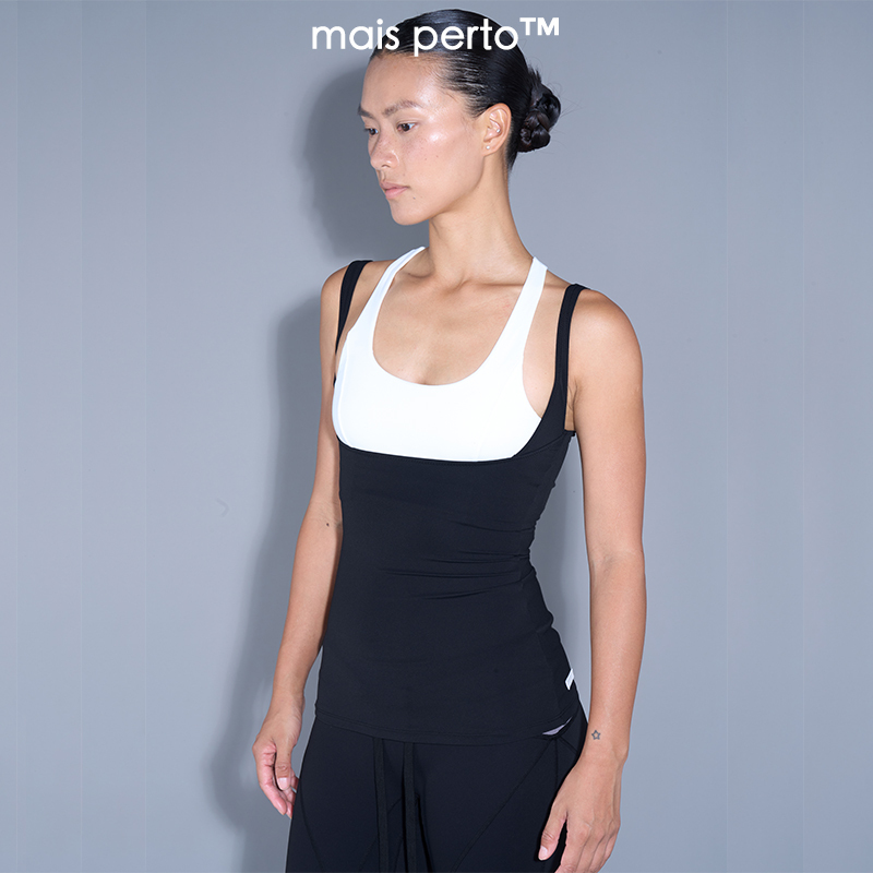 Mais Perto Active Contrasting Color Double-Layer U-Neck Waist-Cinching Yoga Sports Long Vest with Chest Pads Mais Perto Active Contrasting Color Double-Layer U-Neck Waist-Cinching Yoga Sports Long Vest with Chest Pads