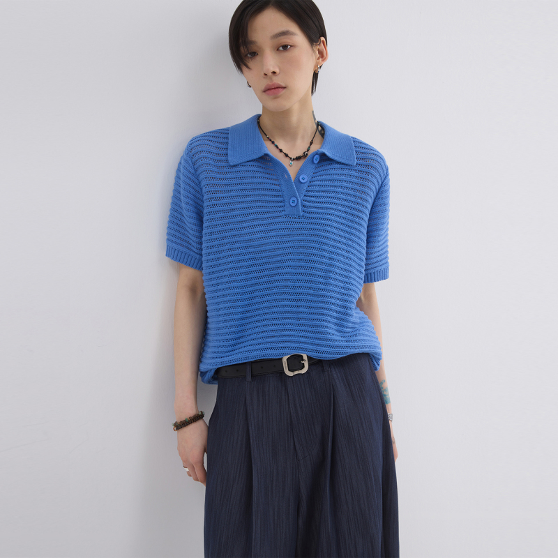 Sameuoo Free-Range Culture "In the Mood for Love" Regular Shoulder Cutout Polo Shirt Short-Sleeved Women's Summer Knitted T-Shirt Top
