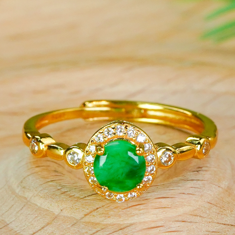 Silver inlaid natural jade ring A-grade fashionable bamboo design full green jade round ring for women