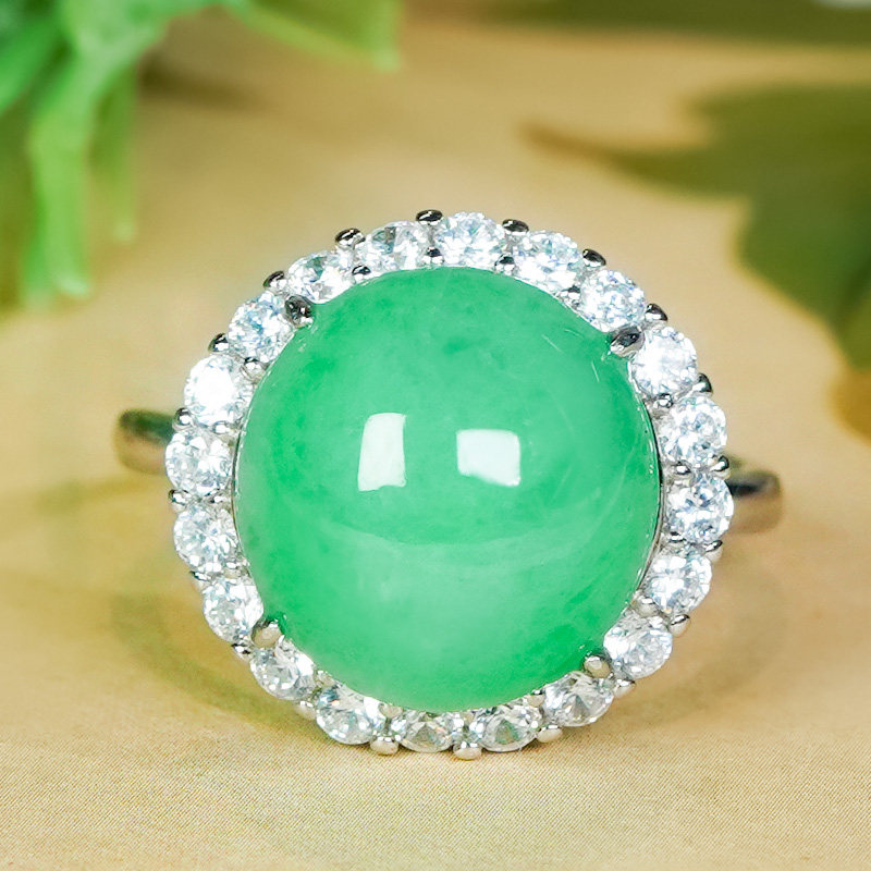 Natural Burmese jadeite ring A grade silver inlaid fashionable and elegant light green jadeite egg surface living ring