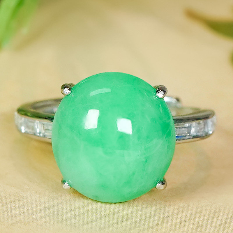 Silver inlaid natural Burmese jadeite ring A-grade fashionable and simple full green sun green oval egg face open ring