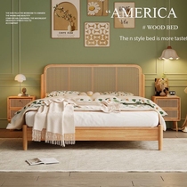 Rattan solid wood bed 1 5 meters home 1 8 meters double bed Nordic log Japanese style bed and breakfast modern simple 1 2m