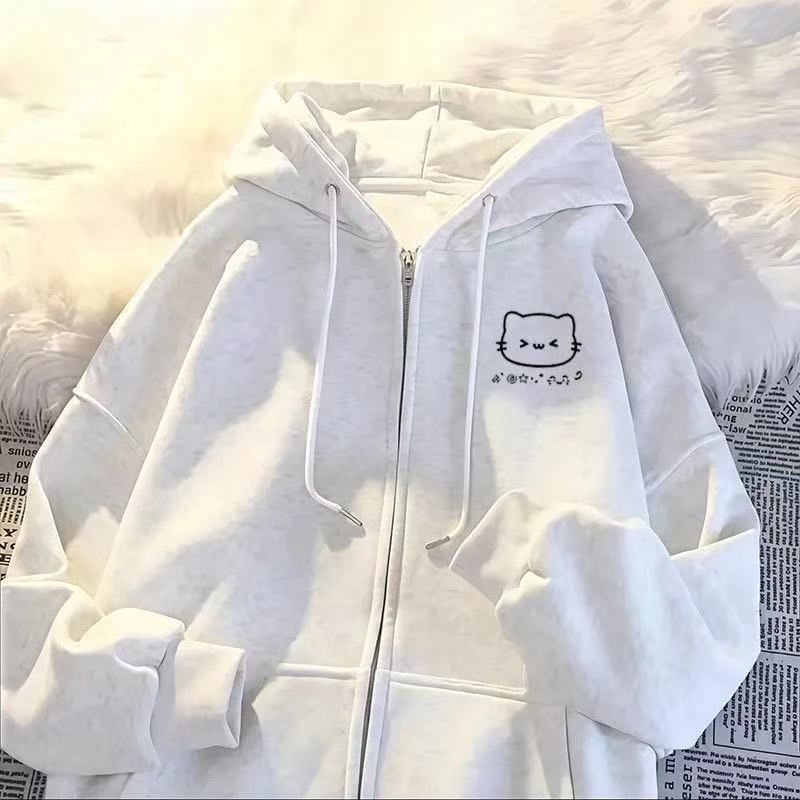 Girls' Hooded Sweatshirt Autumn and Winter 2025 New Style for Older Girls with Cat Print, Loose Fit, Fleece-Lined, Casual Top for Students