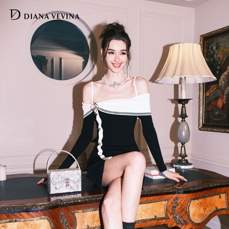 Diana Vevina Spring and Summer New Black One-Shoulder Slim-Fitting Hip-Hugging Off-Shoulder Sexy Knitted Dress