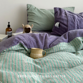 Eros LAOSHU︱ Twilight Green~ Mid-Century Style Milk Velvet Four-Piece Set, Thickened Vintage Coral Velvet Duvet Cover, ins Autumn/Winter