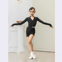 Autumn Winter New Female Children Latin Dance Advanced Version Rehearsal of Long sleeves Chessboard Lattice Split Suit Set Training Outsuit