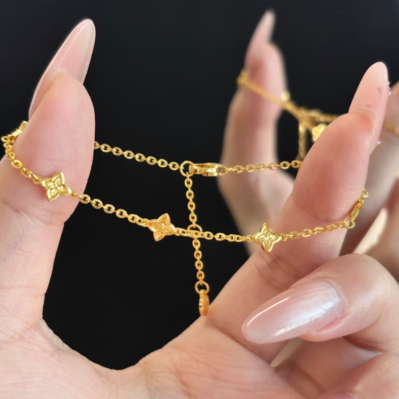 S999 Pure Silver Four-Pointed Star Stacked Bracelet for Women, Light Luxury Niche High-End Five-Color Gold-Colored Jewelry Bracelet Gift