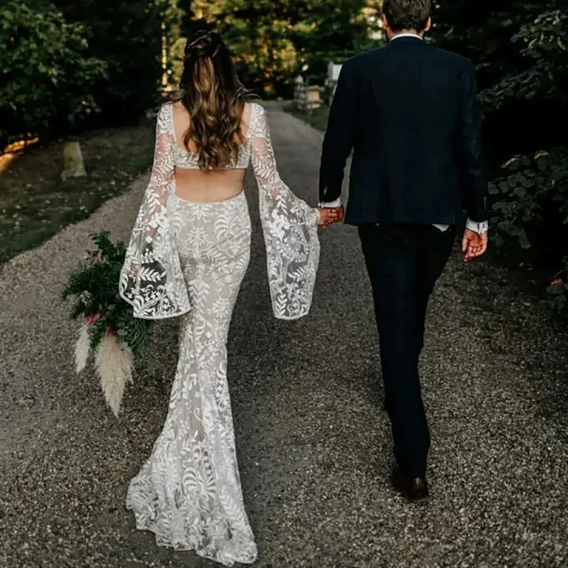 Boho длинные рукава батигу lace свадебное платье дроп-шиппинг custo