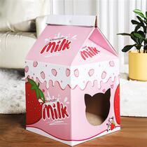 2024 New Foreign Trade Strawberry Milk Box Cat Grab Board Corrugated Cardboard Cat Claw Plate Nest Closed Cat Cat