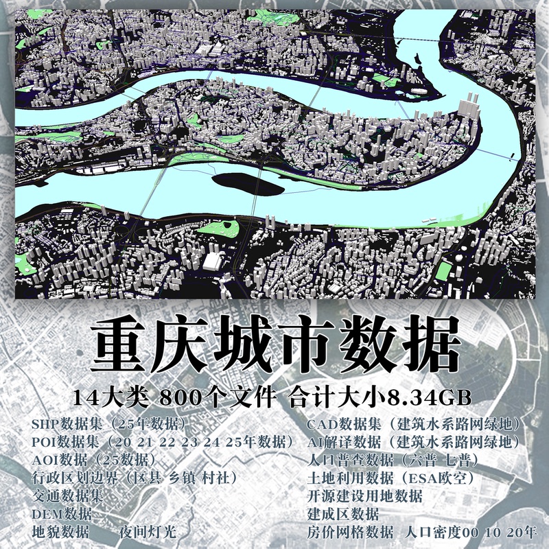 Chongqing City Gis Map Shp/Poi Building Green Space Water System Topographic Map Cad Road Network Ai Interpretation Dem Data