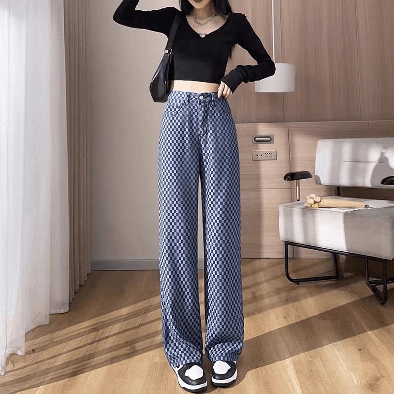 Summer Lyocell Women's Checkerboard Jeans Slimming Look Wide Leg Straight Jeans 2-40 Summer Lyocell Women's Checkerboard Jeans Slimming Look Wide Leg Straight Jeans 2-40