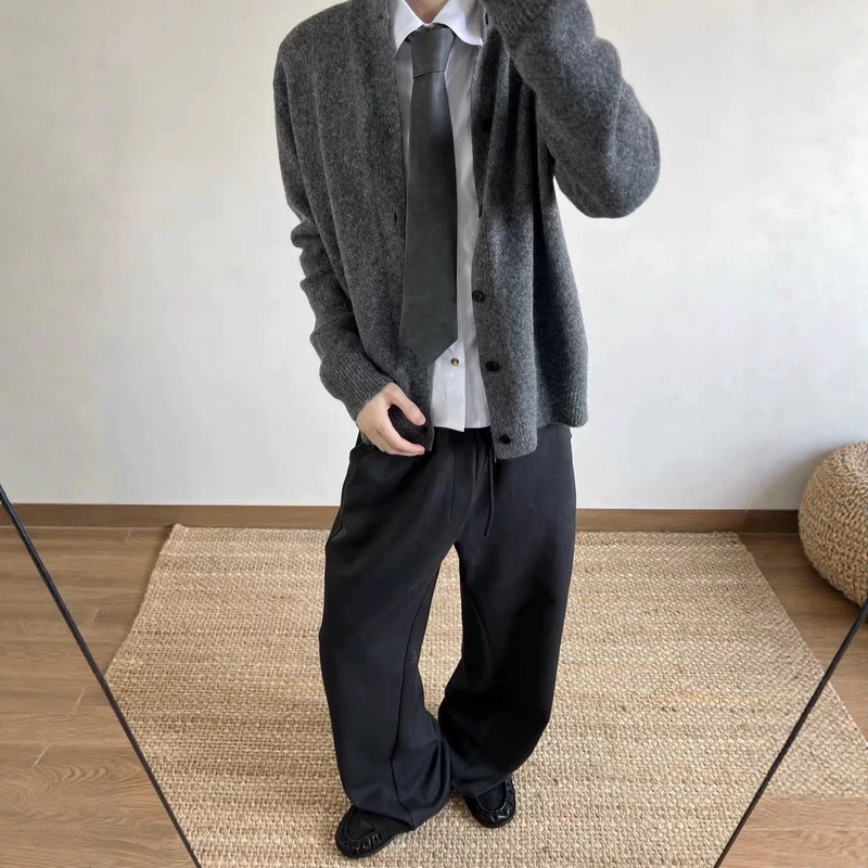 Korean-Style Artistic Minimalist Ins Versatile Retro Half-High Collar Knitted Cardigan Sweater Loose Fit Ambiance Outfit for Men and Women