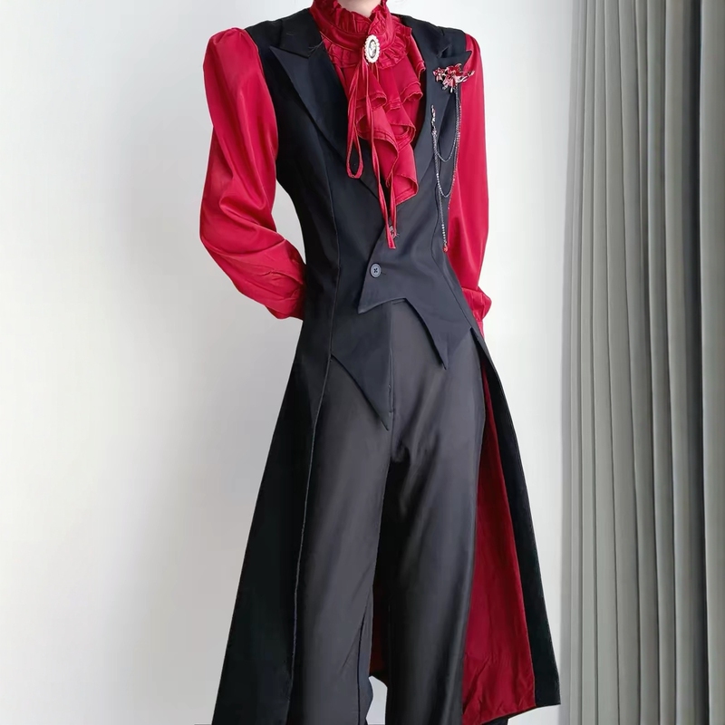 Palace-Style Swallowtail Slim-Fit Waist-Cinching Mid-Length Black Vest with Red Lining, Trendy and Versatile Vest for Men and Women Palace-Style Swallowtail Slim-Fit Waist-Cinching Mid-Length Black Vest with Red Lining, Trendy and Versatile Vest for Men and Women