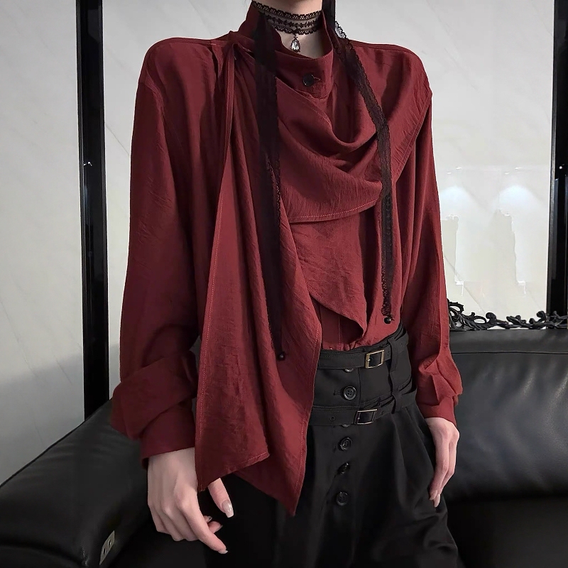 Chinese-Style Hepburn Ribbon Shirt for Men and Women, with a Unique Design, Loose Fit, Cool and Stylish, High-End Feel, Irregular Long-Sleeve Shirt