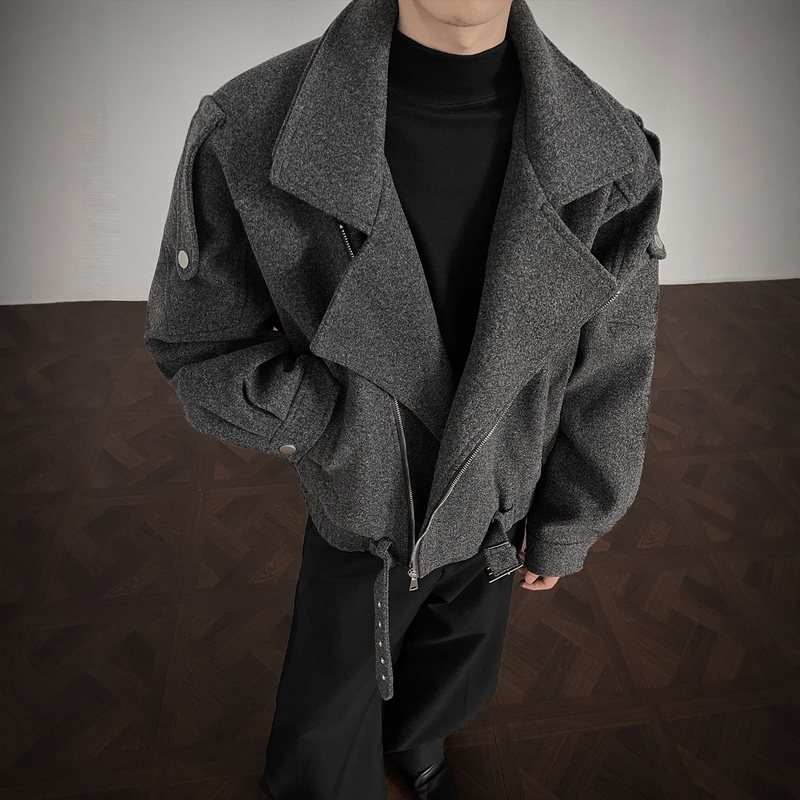 American Retro Deconstructed Diagonal Zipper Lapel Woolen Jacket for Men and Women, High-End, Cool and Versatile Short Biker Jacket