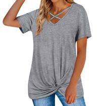 cotton color cross casual colored hem T-shirt Solid V-neck