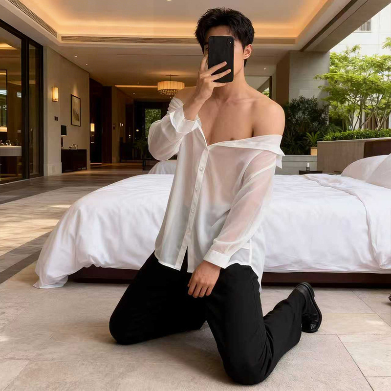 Sexy Lingerie Boyfriend Shirt See-Through Gay Dating Pajamas Nightclub Male Model Chiffon Shirt Loungewear