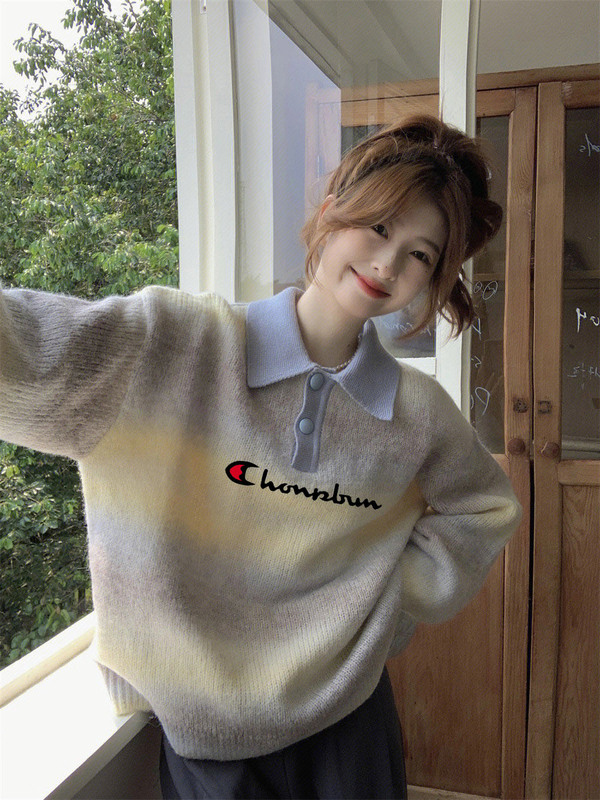 Cute Champion Colorful Polo Collar Knitted Sweater for Women, Autumn Niche Design, Loose and Soft Long Sleeve Sweatshirt