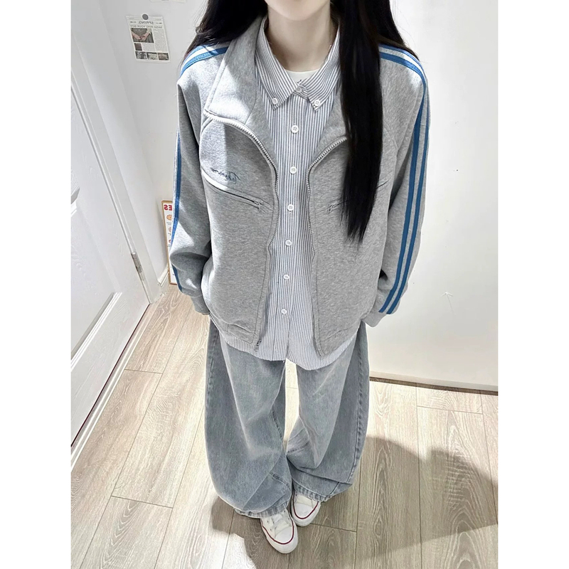 American Retro Sports Style Stand-Up Collar Jacket for Women, Spring and Autumn Loose Casual Versatile Striped Double Stripe Zipper Cardigan Sweatshirt
