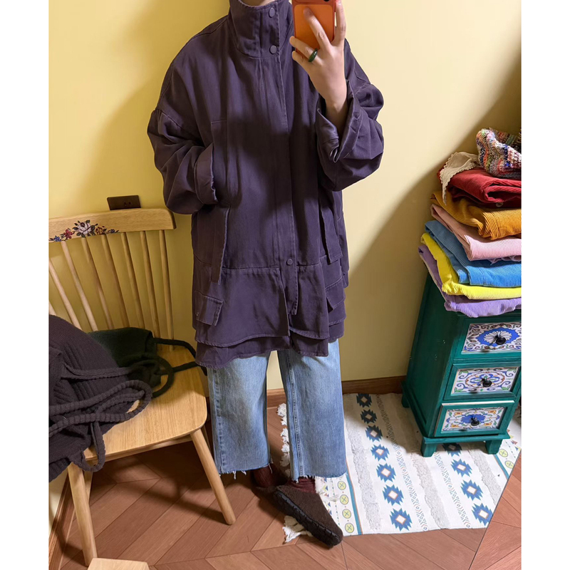 【Unlimited】Autumn and Winter Japanese Retro Purple Washed Cotton Double-Layer Hem Jacket and Jeans for Slightly Chubby Plus-Size Women 【Unlimited】Autumn and Winter Japanese Retro Purple Washed Cotton Double-Layer Hem Jacket and Jeans for Slightly Chubby Plus-Size Women