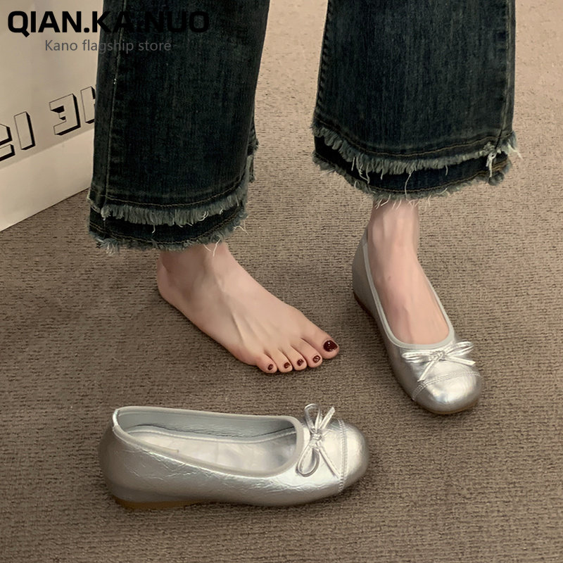 French retro bow ballet flats for women, new spring/summer 2026 style, low-cut flats, perfect for pairing with skirts, with hidden heel lift.