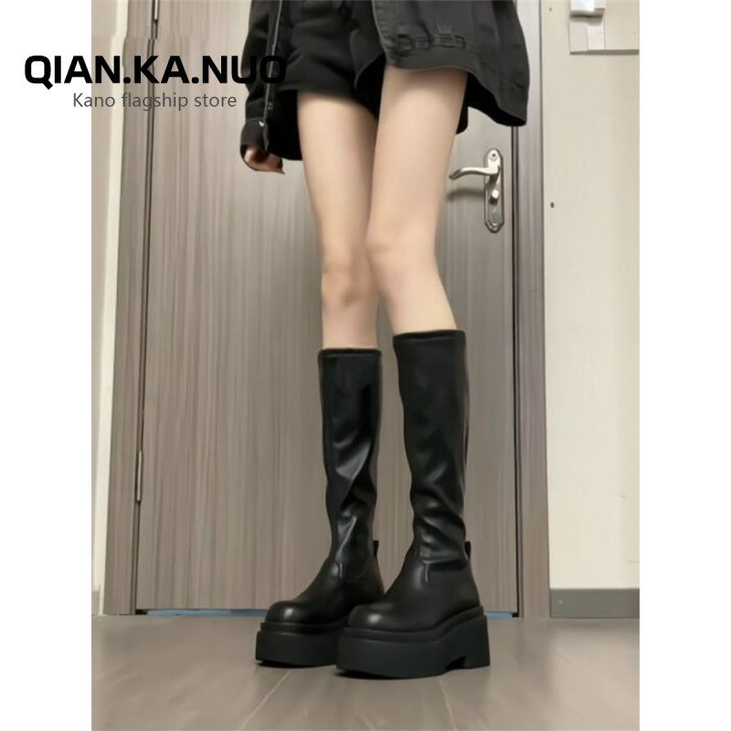 Женские высокие сапоги на толстой подошве; сезон весна-осень; новинка 2025 года; тонкие сапоги-стрейч до колена; высокие сапоги-лодочки; модные сапоги для девочек