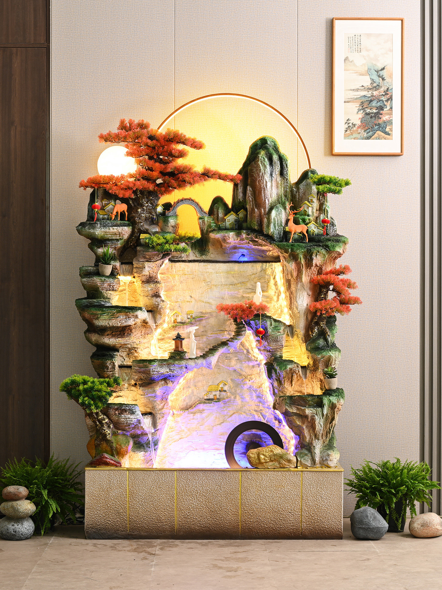 新款假山循环流水水幕墙酒店落地鱼缸办公室水景观屏风摆件