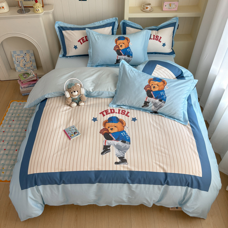 Class a Teddy Bear Children's Bedding Four-Piece Set Pure Cotton Cartoon Student Duvet Cover Three-Piece Set