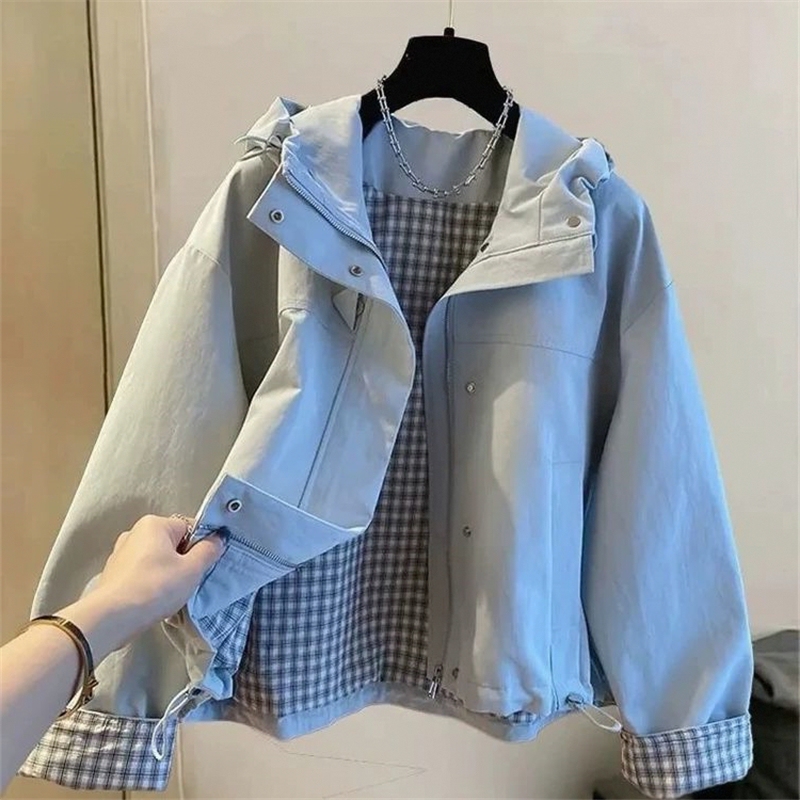 European-Style Casual Plaid Lined Hooded Jacket Outerwear Set, New Spring and Autumn Fashion Workwear Top Jacket