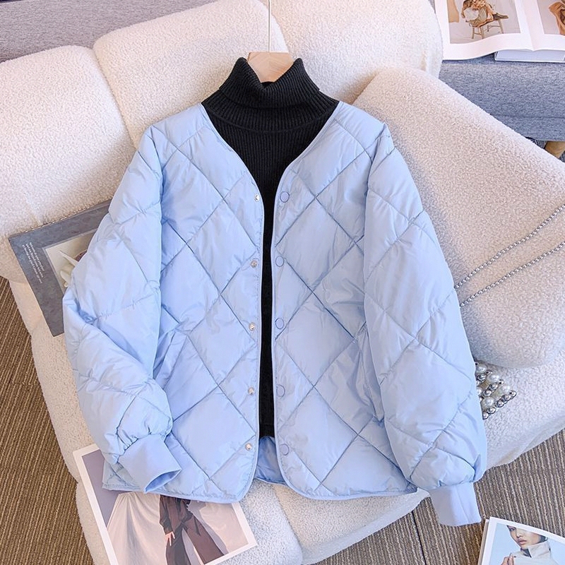 New Stylish Short Cotton Jacket for Women, Round Neck, Winter, Petite, Lightweight, Versatile, Loose, Quilted, Collarless Inner Jacket