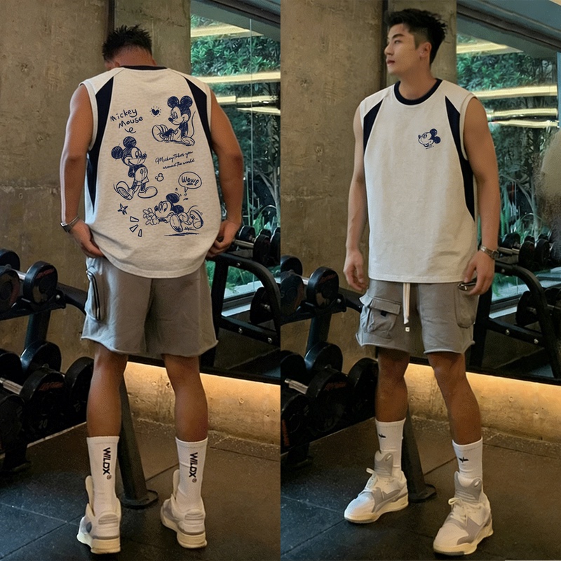 American-Style Trendy Brand Mickey Pure Cotton Vest for Men and Women, Ins-Style Navy Blue Color-Blocking Casual Sports Sleeveless T-Shirt, New Summer Model