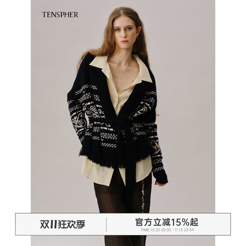 Tenspher Fair Isle Jacquard Tassel Sweater Cardigan for Women in Autumn and Winter Retro Lazy Knitted Wool Jacket Tenspher Fair Isle Jacquard Tassel Sweater Cardigan for Women in Autumn and Winter Retro Lazy Knitted Wool Jacket
