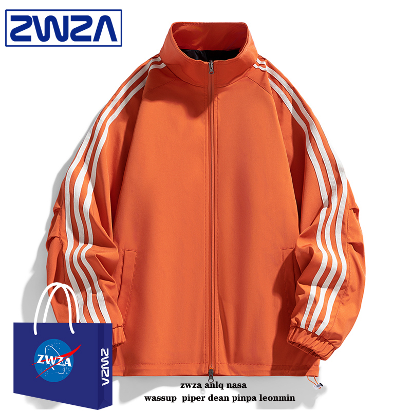 American Retro Orange Three-Stripe Stand-Up Collar Jacket for Men and Women, Spring and Autumn Street Style, Loose Fit, Versatile Couple Jacket