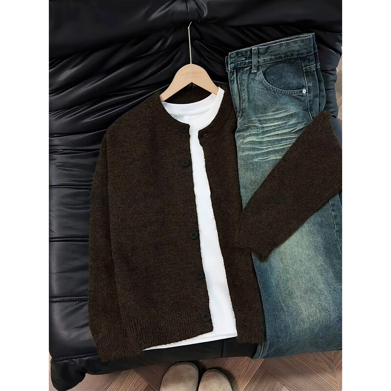 Coffee-Colored American Retro Cardigan Sweater for Men and Women, New Autumn and Winter Style, Cool and Stylish Korean Style, Lazy Style, High-End Knit Jacket Coffee-Colored American Retro Cardigan Sweater for Men and Women, New Autumn and Winter Style, Cool and Stylish Korean Style, Lazy Style, High-End Knit Jacket