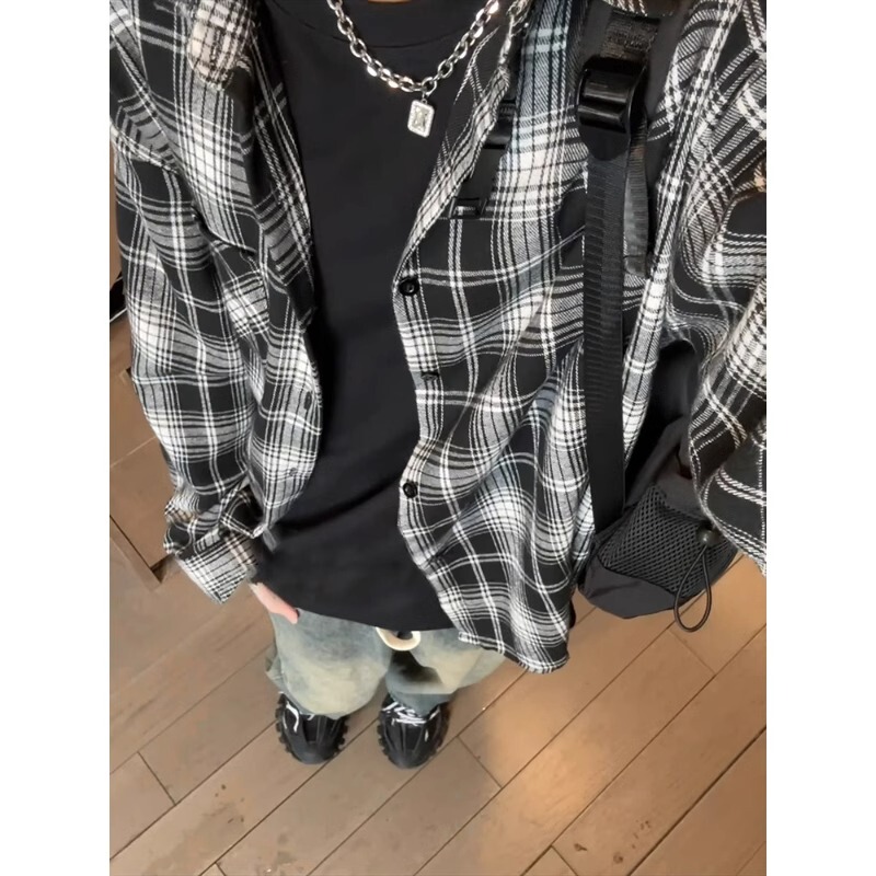 Black and White Plaid Long-Sleeved Shirt for Men, Spring and Autumn New Style, High-End American Retro Cleanfit Loose Plaid Jacket