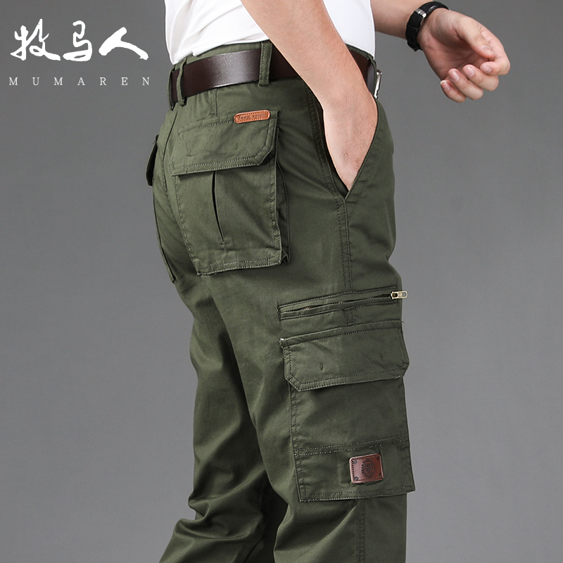 Wrangler Army Green Cargo Pants for Men, Pure Cotton, Multi-Pocket, Spring and Summer Thin, Loose, Casual Long Pants