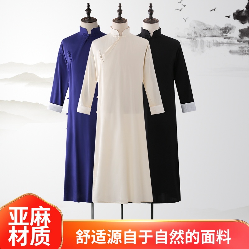Chinese Style Loose Casual Long Shirt Retro Cotton and Linen Men's Clothing Linen Thin Spring Summer Autumn Robe Mandarin Jacket Qipao Tea Clothing