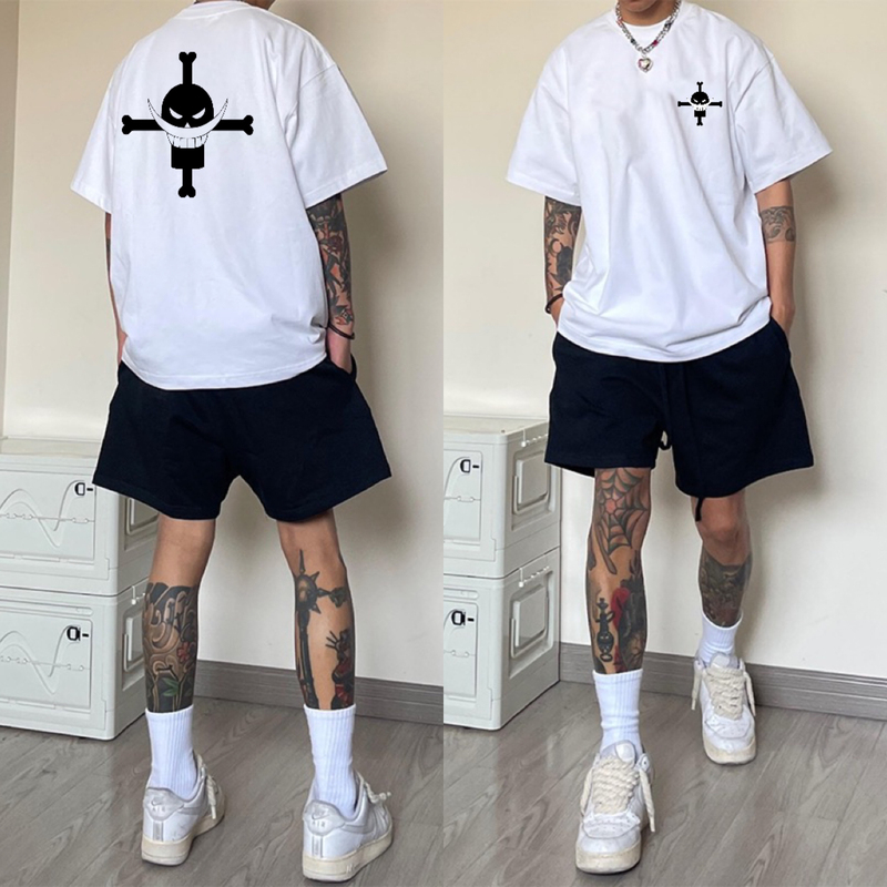 American Style Short-Sleeved Men's ins Trendy Niche One Piece Whitebeard Print Heavyweight Pure Cotton Crew Neck Loose T-Shirt