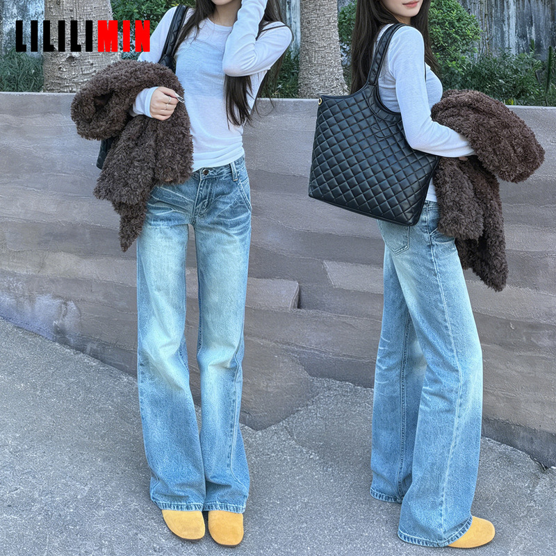 Vintage American-Style Washed Low-Waist Straight-Leg Jeans for Women, 2026 New Model, Pear-Shaped Body, Wide-Leg Loose Micro-Flare Pants