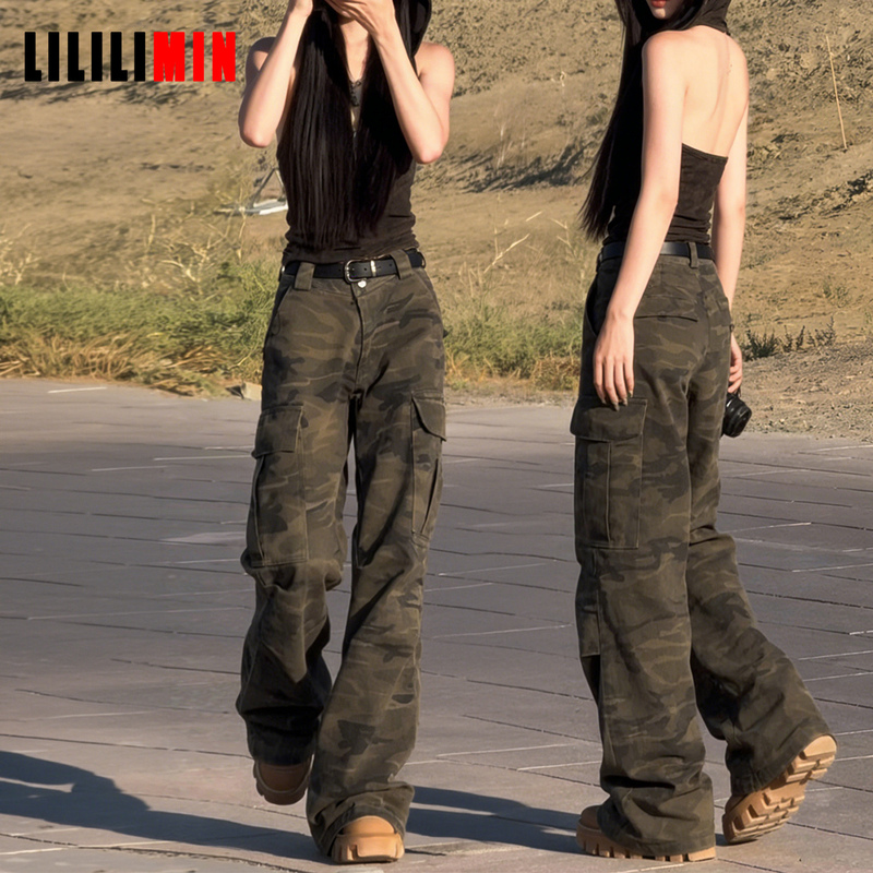 American-Style Camouflage Flared Work Jeans for Women, 2026 Summer New Model, Pear-Shaped Body Straight Wide-Leg Flared Floor-Length Pants
