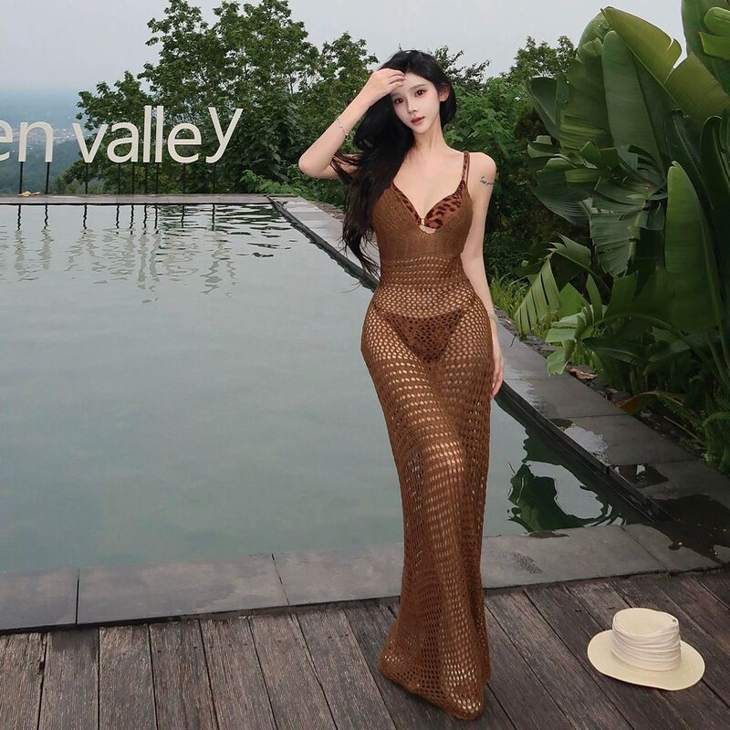 Sexy Vacation Style Leopard Print Hot Girl Two-Piece Bikini Niche High-End Hollow Knit Camisole Long Skirt Hot Spring Swimsuit